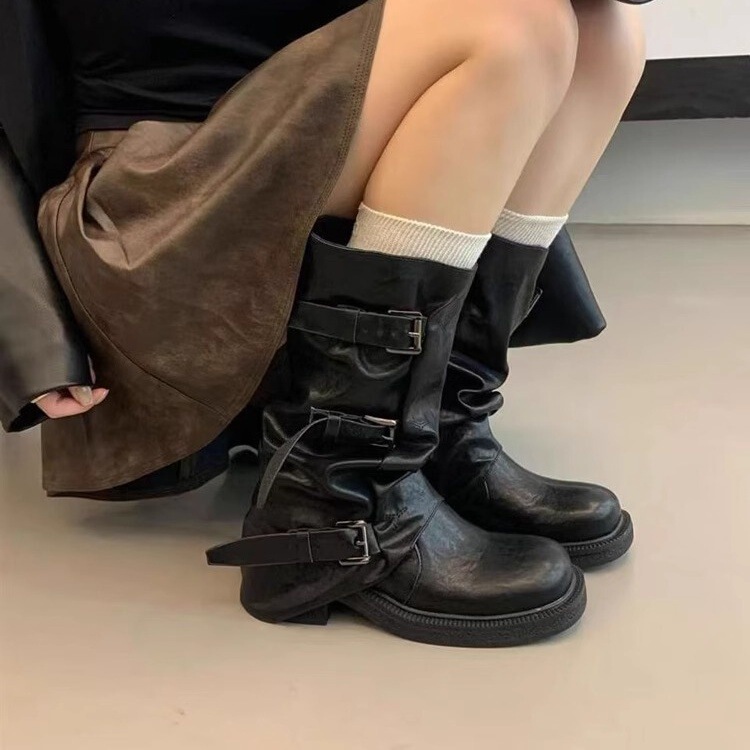 牛革バージョン！黒のパンツブーツ、ヨーロッパとアメリカのストリートスタイル、ラウンドトゥ、太いヒール、ベルトバックル、膝上プリーツハイライダーブーツ|undefined