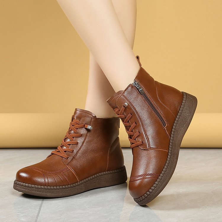 Soft-Soled Flat-Heeled Mother's Leather Boots High-Top Casual Short Boots for Middle-Aged and Elderly Women Ultra-Light Cotton Shoes Winter Velvet Boots