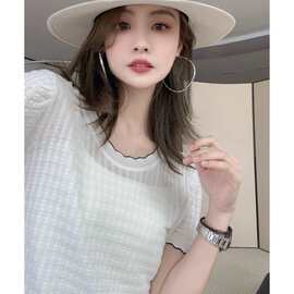 针织衫女文艺浪漫丝棉波浪领短袖修身上衣简约百搭风时尚修身单穿
