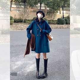 蓝色翻领双排扣女装毛呢外套2025秋冬新款气质休闲中长款呢子大衣