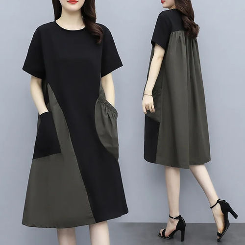 Color-block Spliced Short-Sleeve Dress for 2025 Summer, Plus-Size, Loose Fit, Slimming, Stylish & Age-Defying Design—Perfect for Covering the Belly