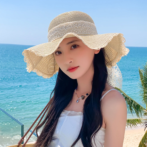 Korean Lace Butterfly Knot Wide Brim Straw Hat for Women Summer Breathable Sunshade Sun Protection Beach Hat Sweet Fisherman Hat