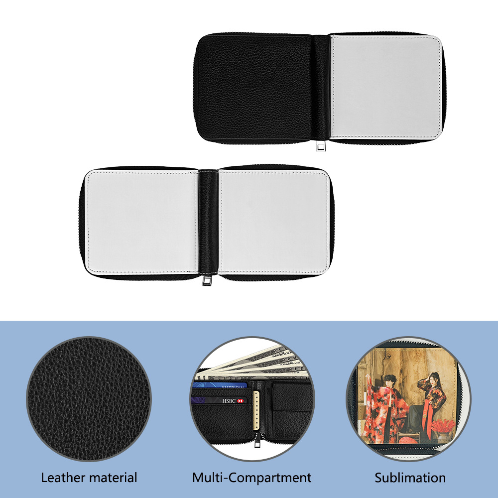Venta directa de fábrica de sublimación de cuero con cremallera billetera con bolsa de monedas DLY material al por mayor