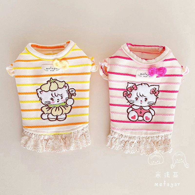 Мефая домашняя кошка одежда собаки весна и лето полосатый котенок мультфильм вышивка хлопчатобумажная кружевная бантик юбка принцессы