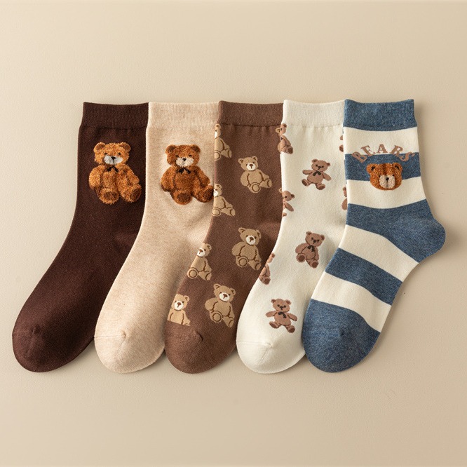 Hand-stitched combed cotton South Korea Dongdaemun women's socks striped three-dimensional flocking cartoon bear letter waist tube