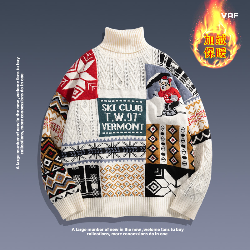 2024 otoño y invierno Harajuku estilo de color medio cuello camiseta de punto hombre marca de moda retro suéter de pareja flojo