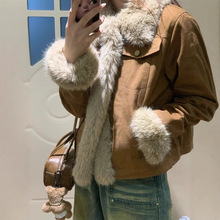 2025冬季新款短款加厚拼接牛仔年轻款毛毛大衣仿狐狸毛皮草外套女