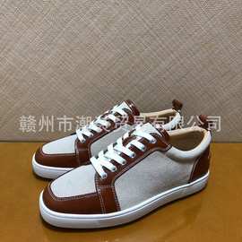 cl andgz男鞋棕色拼帆布方头低帮红底鞋女鞋光面运动休闲板鞋大码