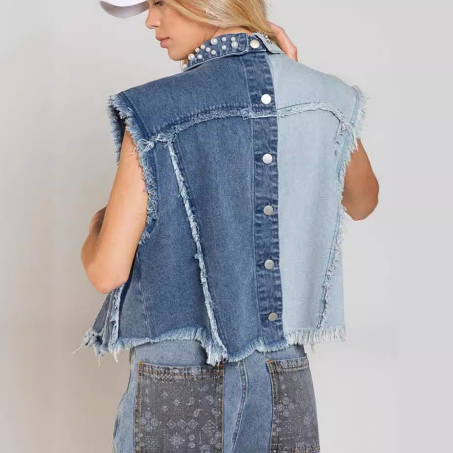 Chaleco de mezclilla 23 años europeo y americano transfronterizo comercio exterior de Amazon empalme cuentas suelta mujer chaqueta de mezclilla corta 3285 image 4