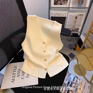 小香风V领单排扣针织马甲背心女款夏季褶皱修身显瘦短款无袖上衣