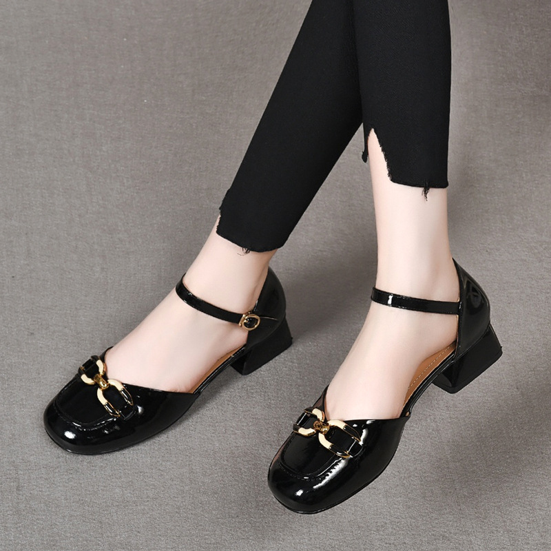 Sandal nữ mũi kín quai ngang da thật gót vuông 6 cm đế mềm có khóa — Màu đen