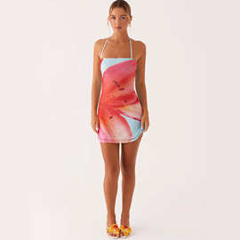 欧美风女装夏季新款芙蓉印花无袖吊带上衣中长裙休闲套装