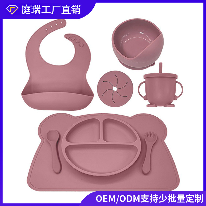 Juego de vajilla de silicona para niños placemat lechón tazón combinación traje bebé comiendo Placa de silicona resistente a la caída comida complementaria