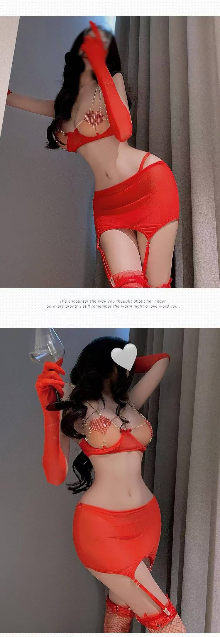 Women’s Red Mesh Lingerie Set with Gloves and Stockings, See-Through Open-Bust Design — detail image 3