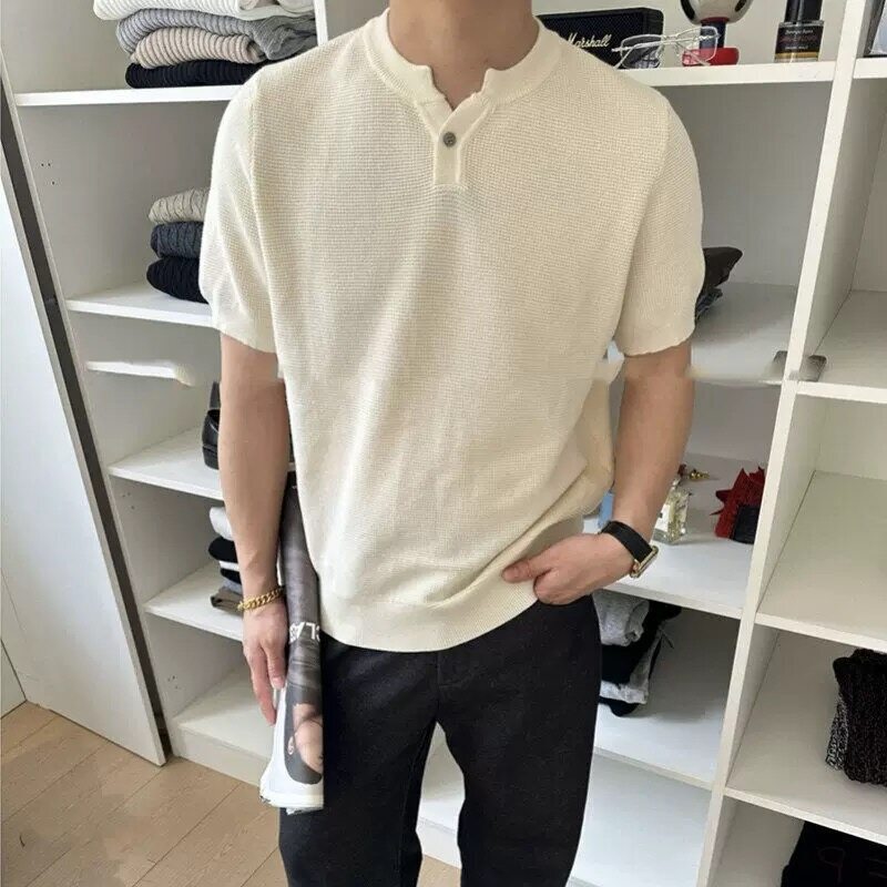Short-Sleeve Knit T-Shirt for Men, Ice Silk, Summer V-Neck, Henley Collar, Plaid Texture, Old Money Style, Inner Wear, Cross-Border Factory Wholesale Short-Sleeve Knit T-Shirt for Men, Ice Silk, Summer V-Neck, Henley Collar, Plaid Texture, Old Money Style, Inner Wear, Cross-Border Factory Wholesale