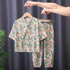 儿童睡衣夏季绵绸中袖卡通开衫男童女孩薄款中大童宝宝家居服套装
