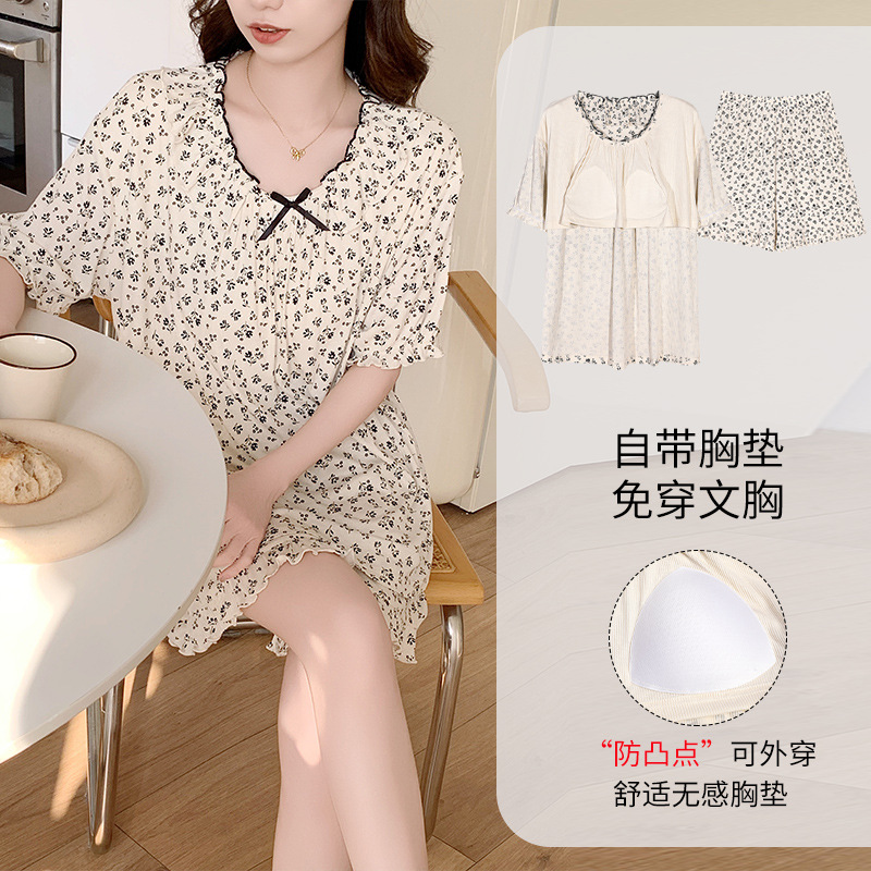 Women's Summer Short Sleeve Short Pants Hoodie Cute Korean Style Sweet Thin Floral Print Plus Size Homecoming Set