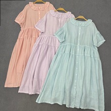 日系甜美苎麻荷叶领连衣裙女2024夏季新款森女系宽松减龄中长款裙