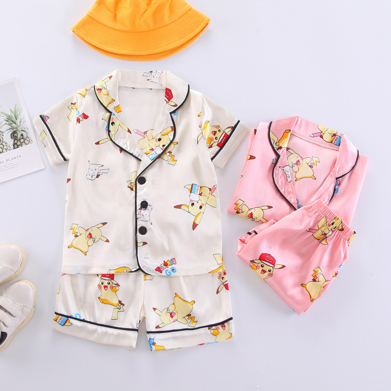 어린이 잠옷  소녀의 여름 옷 1-2-3-4-5 세 소년 짧은 소매 세트 아이스 실크 홈 옷 에어컨 옷