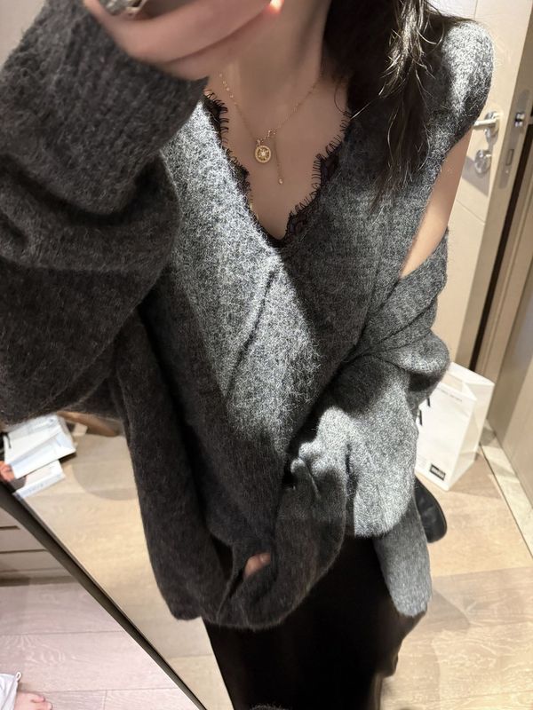2025新款早秋小个子蕾丝背心开衫两件套女慵懒风V领针织套装上衣|undefined