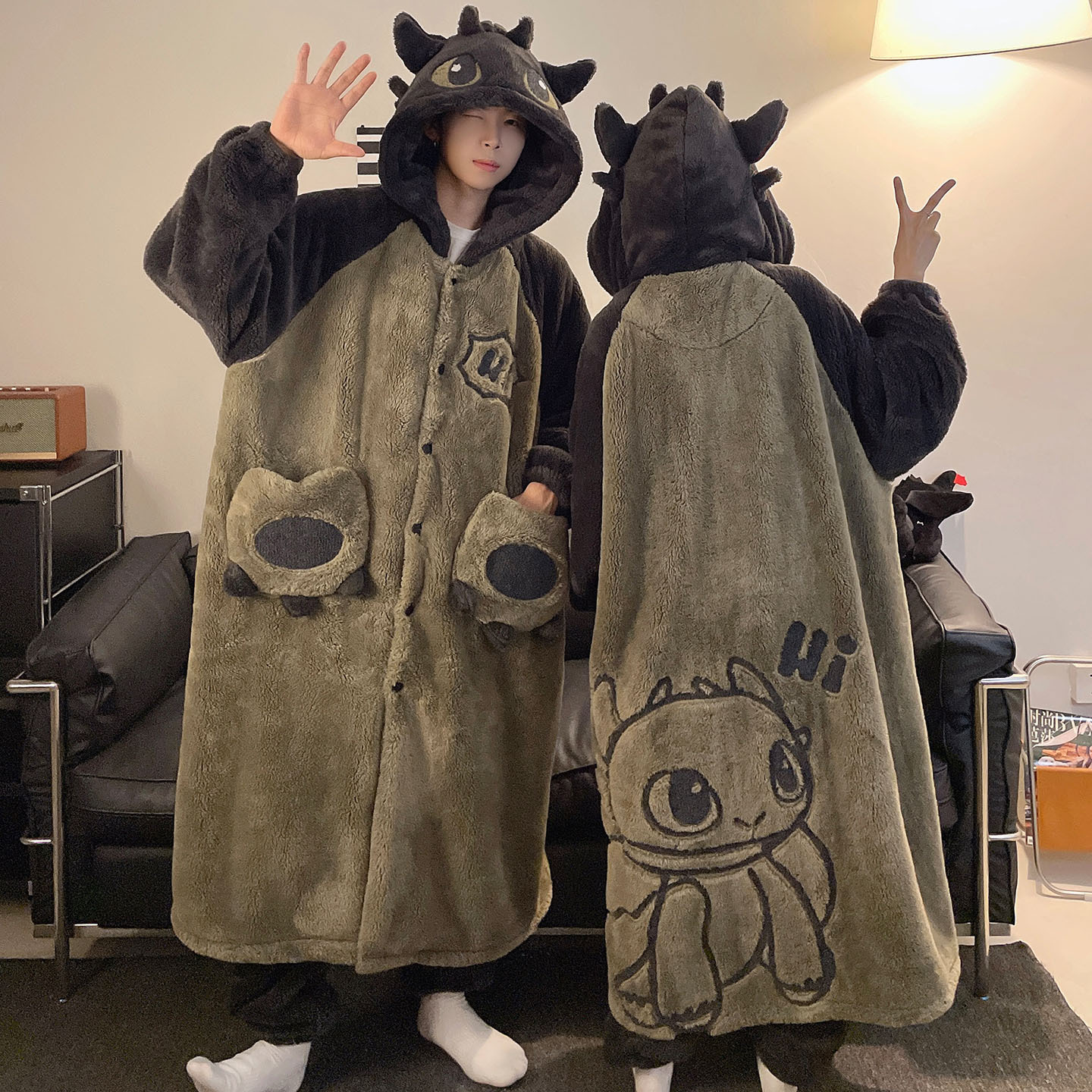 2025 New Couple Pajamas Winter Thick Plush Hooded Long Pajamas Two-Piece Set Cartoon Toothless Boy