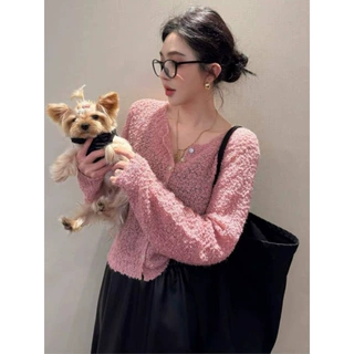 韩系温柔风宽松显瘦单排扣疙瘩毛衣女设计感慵懒洋气百搭开衫