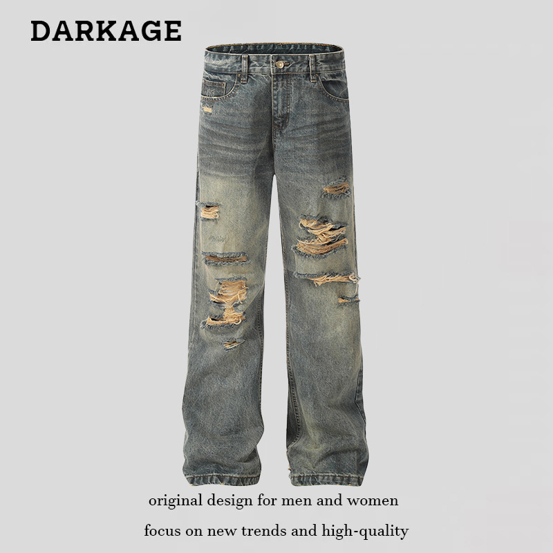 American high-street retro Vibe ripped jeans, trendy design, slimming, loose straight leg, slightly flared, floor-length trousers