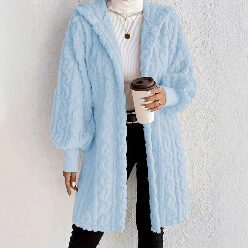 速売通Wish ebay 2025秋冬欧米の女性服の純色の長袖の帽子のゆったりした毛の羽毛の上着の女性|undefined