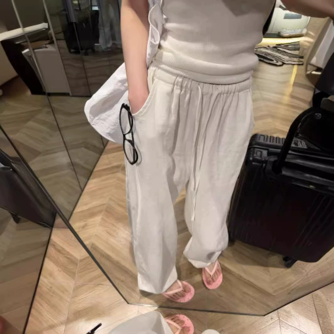 Льняные штаны с кондиционером! Сухая и дышащая, эласткая, высокая талия, рыхлые, тонкие прямые, широкие брюки, повседневные брюки, женские летние