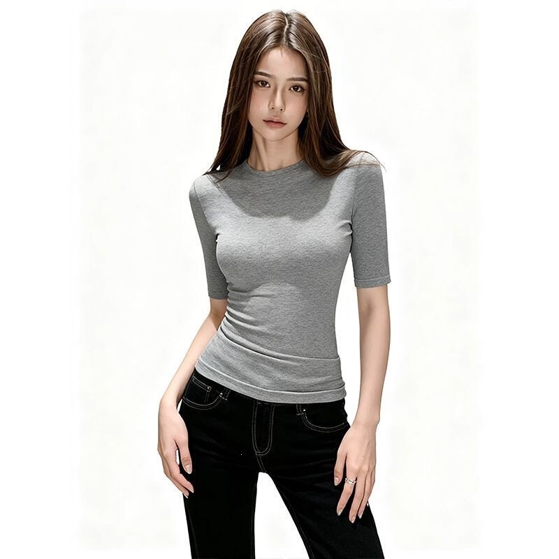 230g Ice Silk Ribbed Waist-Cinching Mid-Sleeve T-Shirt, New Summer Style, Regular Shoulder Fit, Slimming, Round Neck Short Top 230g Ice Silk Ribbed Waist-Cinching Mid-Sleeve T-Shirt, New Summer Style, Regular Shoulder Fit, Slimming, Round Neck Short Top