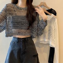 女性のための中空ニットセーター 2025 新しい夏薄いルーズスタイルショート日焼け止めアウターブラウスホットガールトップ