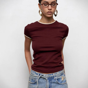 2025 New Round Neck Contrast Color Short Short-sleeved T-shirt Women's Summer Commuter All-match Slim-fit Shoulder Top Women's Wholesale