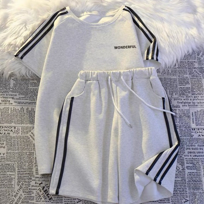 レジャースポーツ夏服、2025年新作ラグランスリーブコットン半袖ショーツスーツ2点セット女性用の完全なセット|undefined