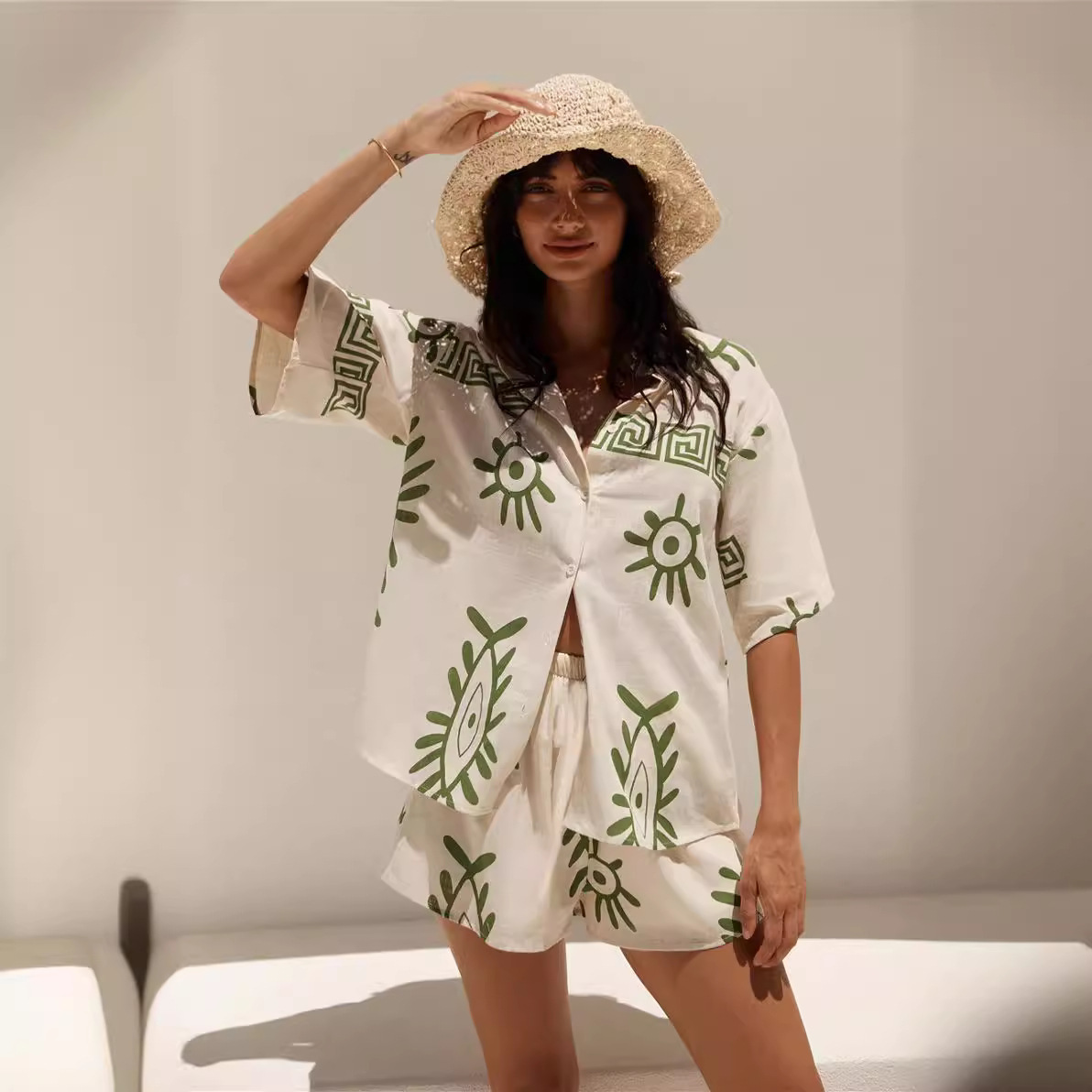 2025 spring and summer Amazon Europe and the United States cross-border fashion women's printed loose short sleeve shirt shorts POD customization