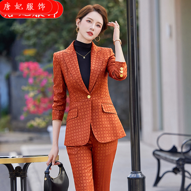 2024 Spring and Autumn new orange long-sleeved professional casual small suit collar jacket women's pants two-piece suit fashion 2024 Spring and Autumn new orange long-sleeved professional casual small suit collar jacket women's pants two-piece suit fashion