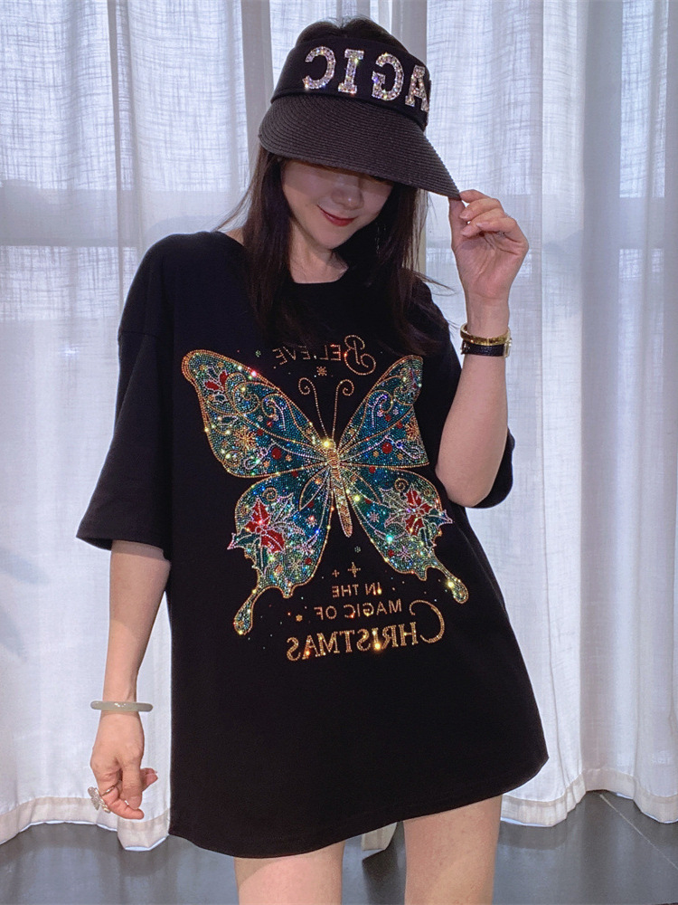Camiseta de manga corta con cuello redondo suelto de diamantes de comercio exterior para mujer