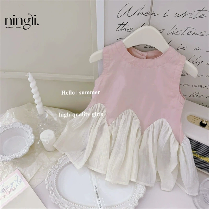 Dress (Ningli) Summer Cheongsam, Children's Princess Skirt, 80–130 cm, Pink & Plaid
