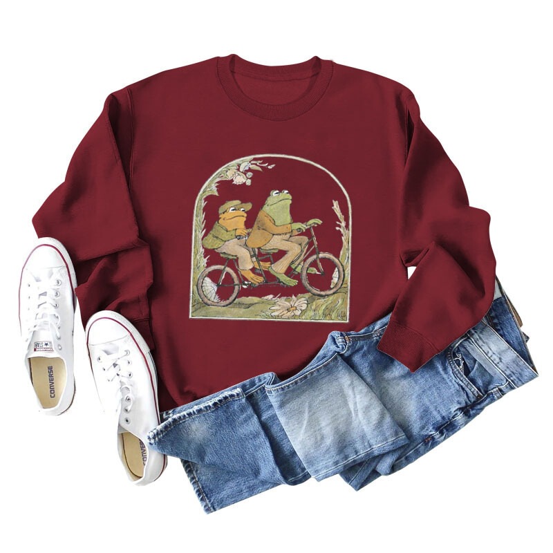 In-Stock Independent Site Amazon European and American New Style Frog Riding a Bike Pattern Casual Fashion Long-Sleeve Pure Cotton Sweatshirt