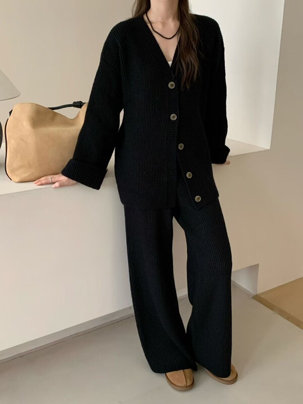 慵懒风针织套装女秋冬竖坑条显瘦毛衣外套宽松开衫+阔腿裤两件套|undefined