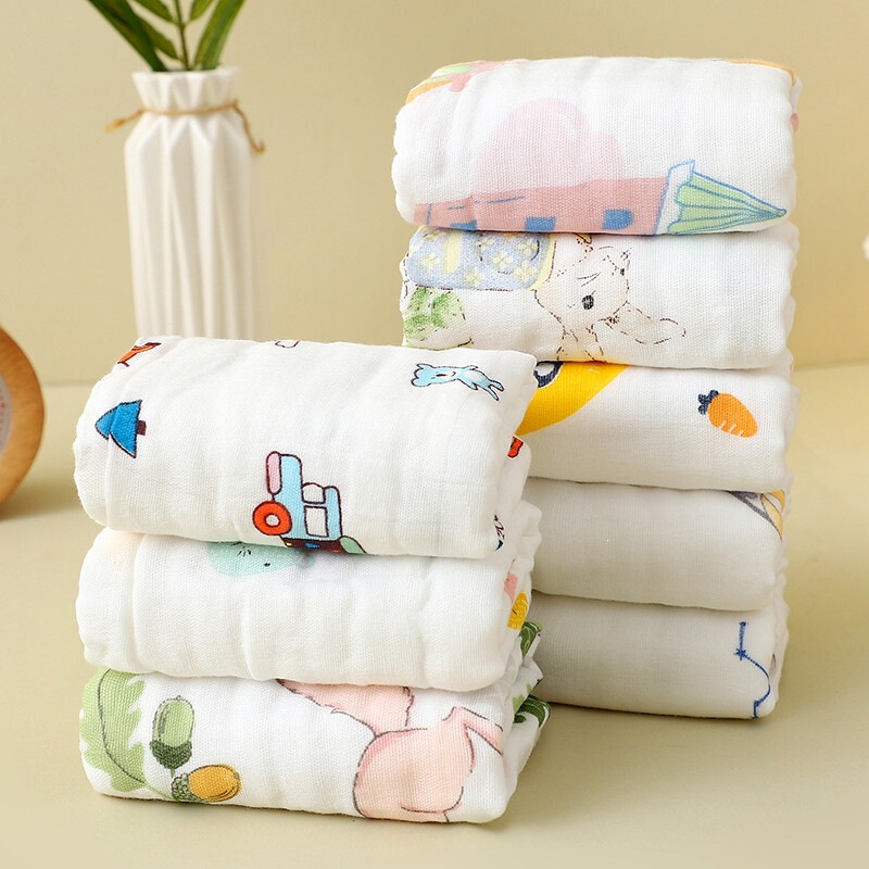Towel for washing face, six-layer small square towel, thick cotton, comfortable, with a layer of gauze, high-density printed cartoon design