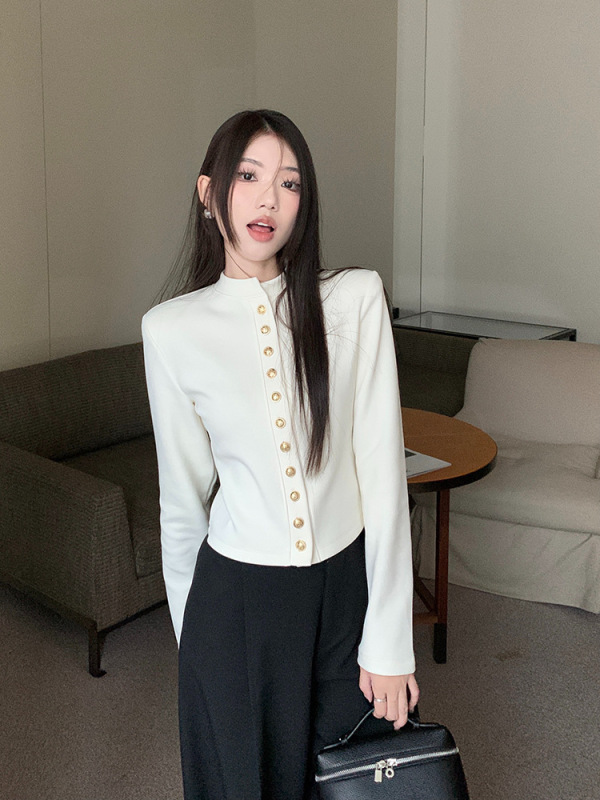 【工場直売】黒い金属ボタンのカーディガン女性秋冬修身気質の短いタイプのインナーシャツの上着のファッション|undefined