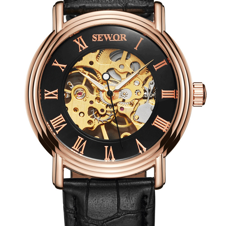 SEWOR reloj mecánico semiautomático para hombre reloj de correa de fondo transparente hueco reloj mecánico manual 01