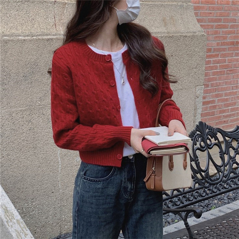 韓国系の短い甘いニットのカーディガンのコートの婦人服2025秋の新型の小さい背の長袖のセーターの女性の上着|undefined