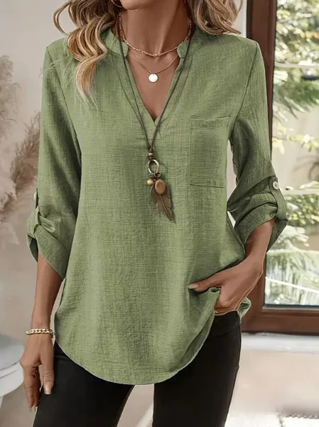 2025 Spring and Summer European and American Cross-Border Export New Shirts Women's Casual Loose Large Size V Neck Pure Color Shirts