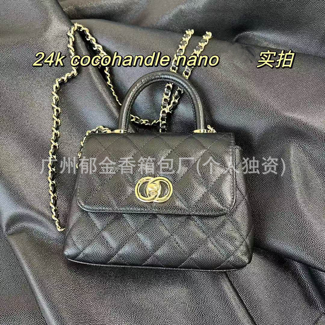 handlenano荔枝纹牛皮24k镀厚金香槟色五金手拎斜跨包链条小方包