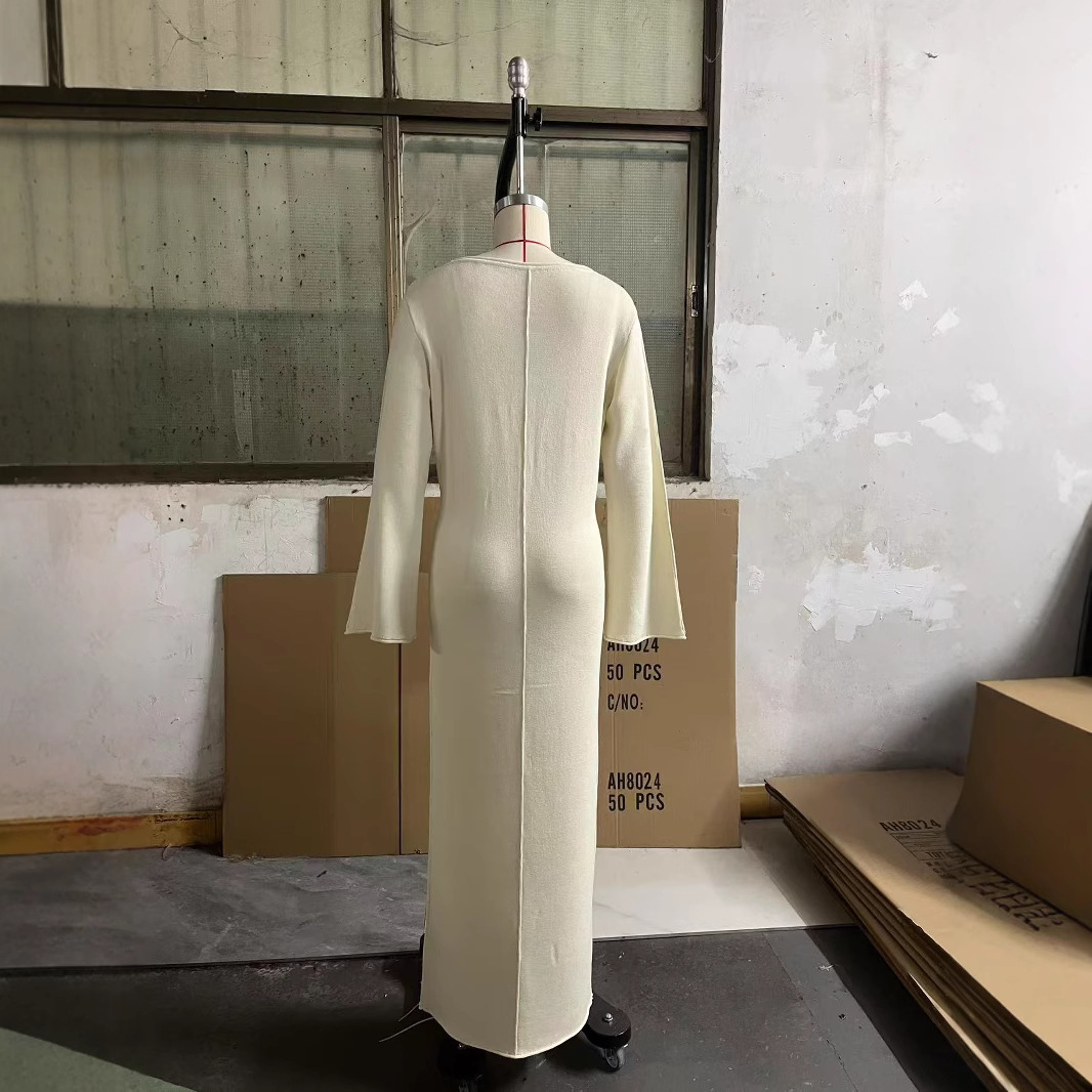 GraceChic 2025 New European And American Style Simple Versatile Ribbed For Women Autumn Winter Bodycon Knitted Long Dress_voghion.com