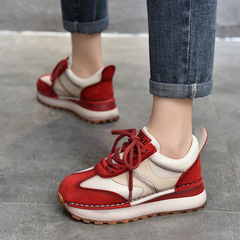 休閒鞋女款潮鞋2024春新款真皮中跟系帶低幫鞋圓頭百搭運動休閒鞋