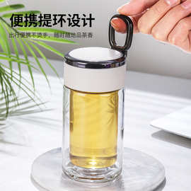 便携玻璃杯带提手水杯提笼盖双层防烫玻璃杯高硼硅玻璃中短水杯