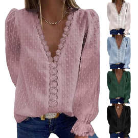 亚马逊跨境外贸雪纺衫女2021夏季新款欧美纯色提花v领长袖上衣女