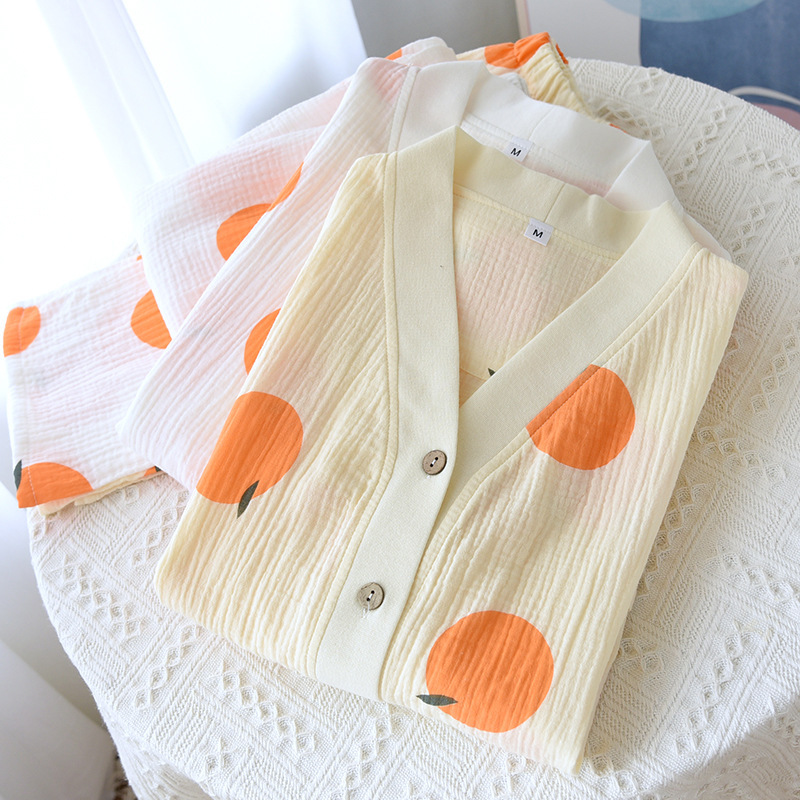 Women's Pure Cotton Cardigan Pajamas, Double-Layer Gauze, Breathable, Casual, Thin Home Wear Set, Cotton Gauze, Versatile and Skin-Friendly